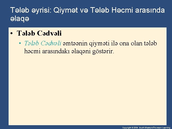 Tələb əyrisi: Qiymət və Tələb Həcmi arasında əlaqə • Tələb Cədvəli əmtəənin qiyməti ilə