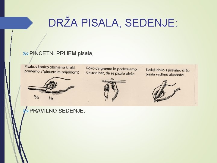 DRŽA PISALA, SEDENJE: PINCETNI PRIJEM pisala, PRAVILNO SEDENJE. 