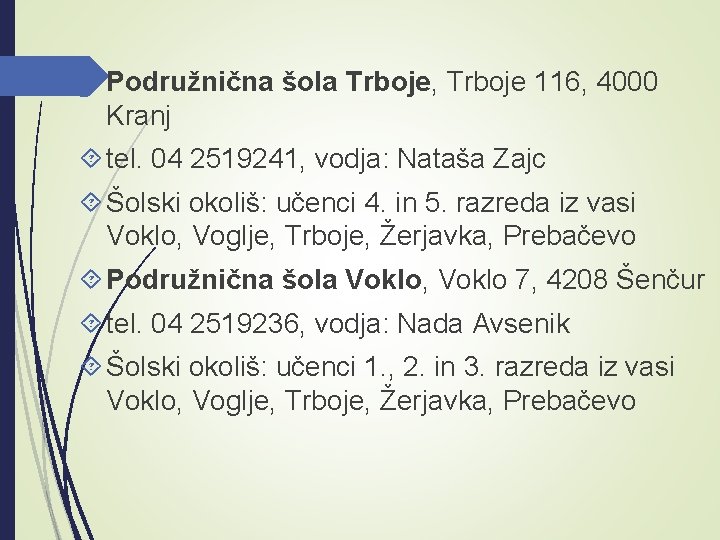  Podružnična šola Trboje, Trboje 116, 4000 Kranj tel. 04 2519241, vodja: Nataša Zajc