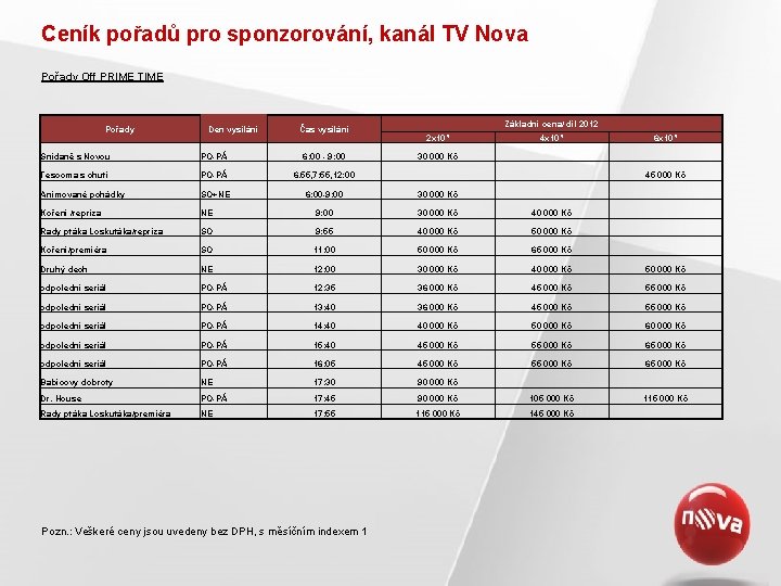 Ceník pořadů pro sponzorování, kanál TV Nova Pořady Off PRIME TIME Pořady Den vysílání