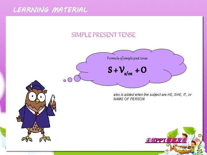 LEARNING MATERIAL SIMPLE PRESENT TENSE Formula of simple past tense S + Vs/es +