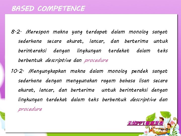 BASED COMPETENCE 8. 2. Merespon makna yang terdapat dalam monolog sangat sederhana berinteraksi secara