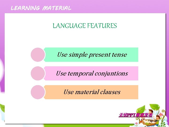 LEARNING MATERIAL LANGUAGE FEATURES Use simple present tense Use temporal conjuntions Use material clauses