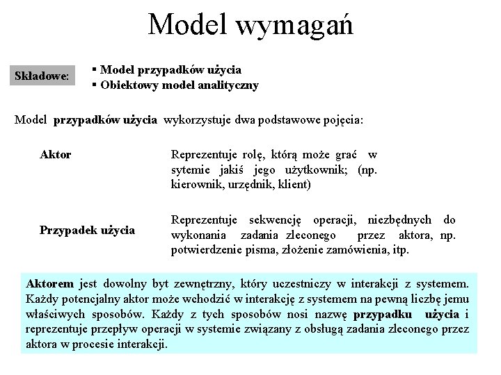 Model wymagań Składowe: § Model przypadków użycia § Obiektowy model analityczny Model przypadków użycia