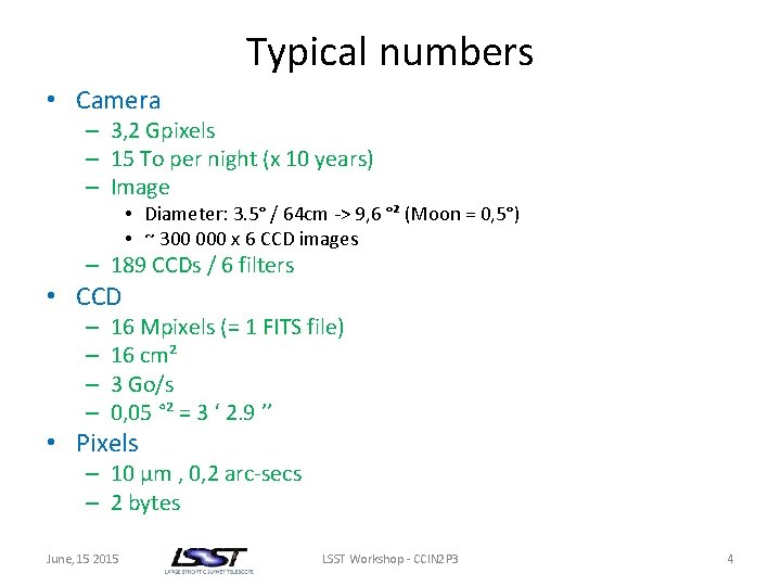 Typical numbers • Camera – 3, 2 Gpixels – 15 To per night (x