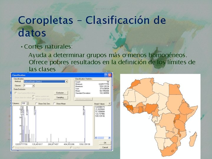 Coropletas – Clasificación de datos • Cortes naturales: Ayuda a determinar grupos más o