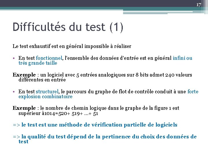 17 Difficultés du test (1) Le test exhaustif est en général impossible à réaliser