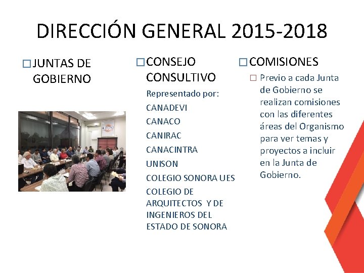 DIRECCIÓN GENERAL 2015 -2018 � JUNTAS DE GOBIERNO � CONSEJO CONSULTIVO Representado por: CANADEVI