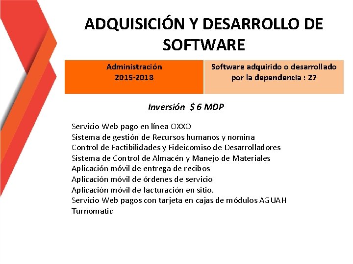 ADQUISICIÓN Y DESARROLLO DE SOFTWARE Administración 2015 -2018 Software adquirido o desarrollado por la