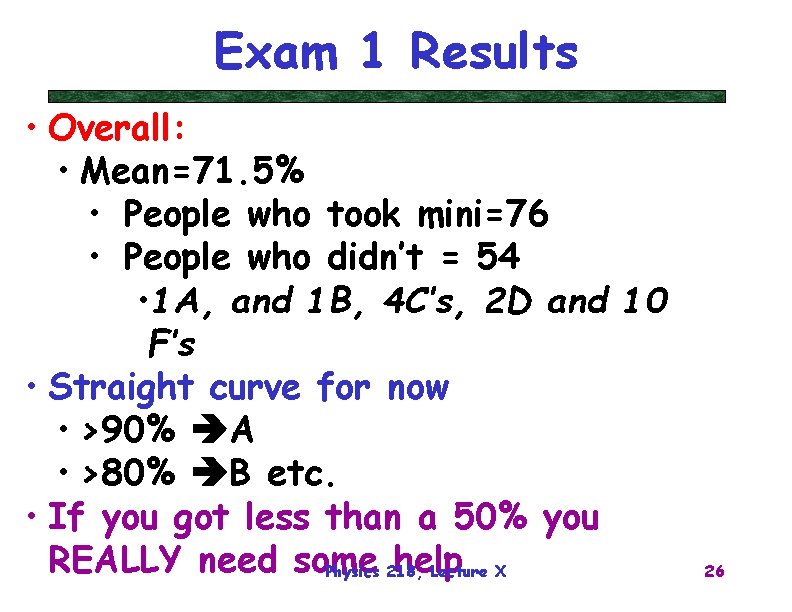 Exam 1 Results • Overall: • Mean=71. 5% • People who took mini=76 •