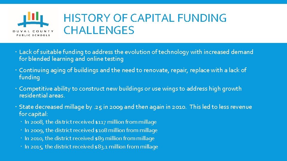 HISTORY OF CAPITAL FUNDING CHALLENGES Lack of suitable funding to address the evolution of