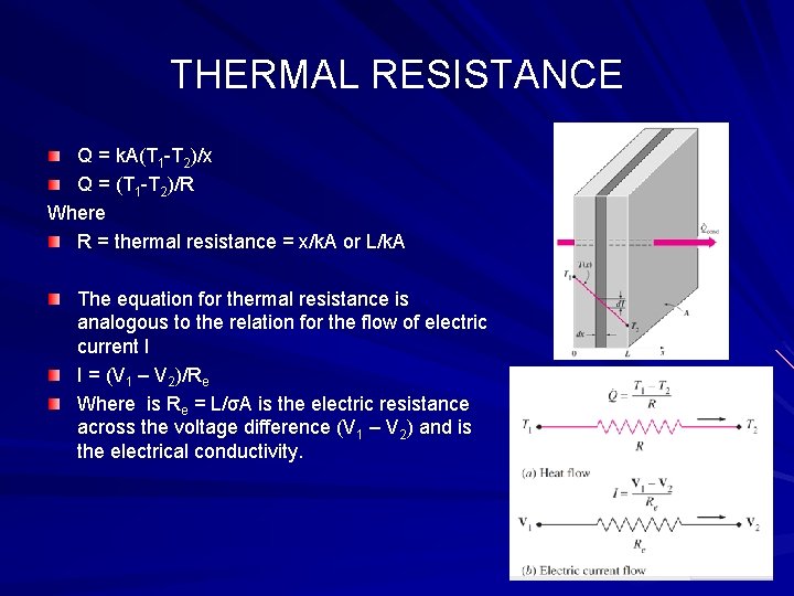 THERMAL RESISTANCE Q = k. A(T 1 -T 2)/x Q = (T 1 -T