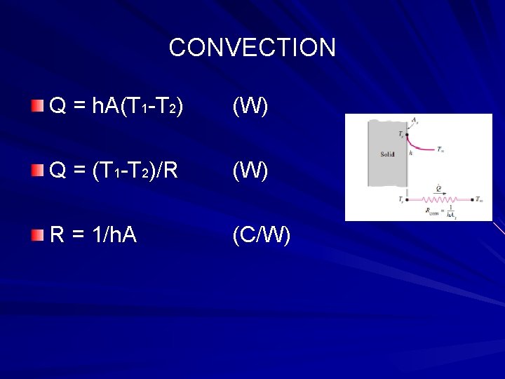 CONVECTION Q = h. A(T 1 -T 2) (W) Q = (T 1 -T