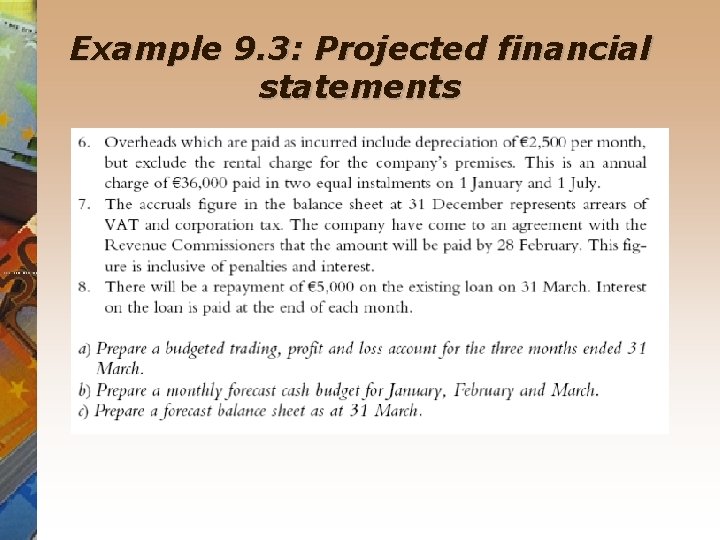 Example 9. 3: Projected financial statements 