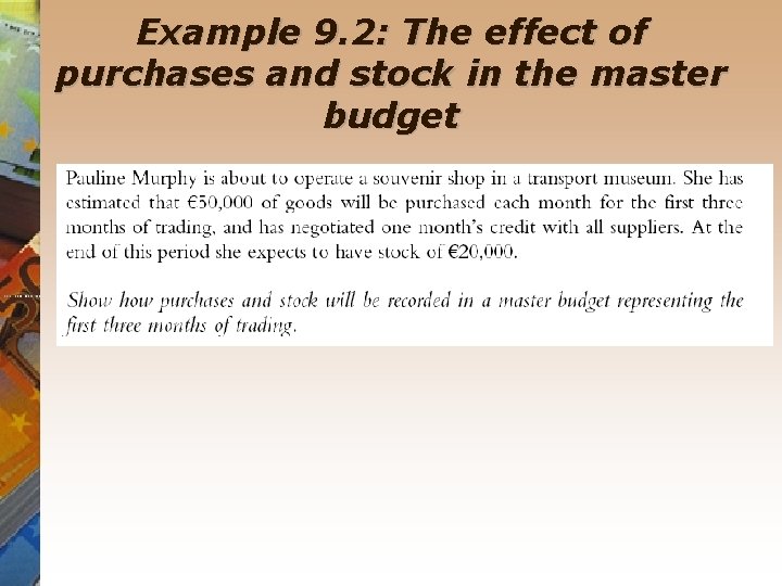 Example 9. 2: The effect of purchases and stock in the master budget 