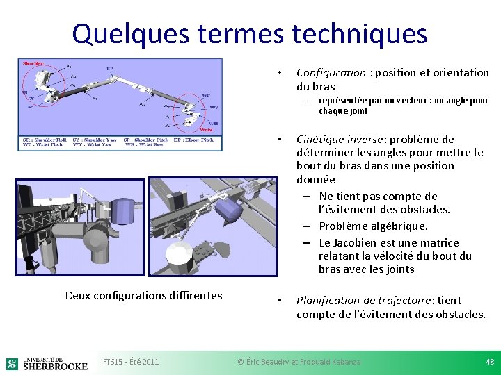 Quelques termes techniques • Configuration : position et orientation du bras – représentée par