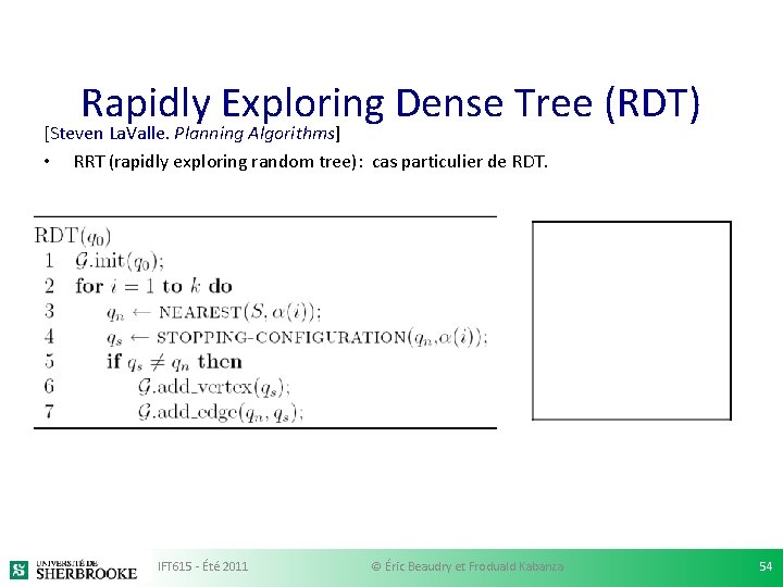 Rapidly Exploring Dense Tree (RDT) [Steven La. Valle. Planning Algorithms] • RRT (rapidly exploring