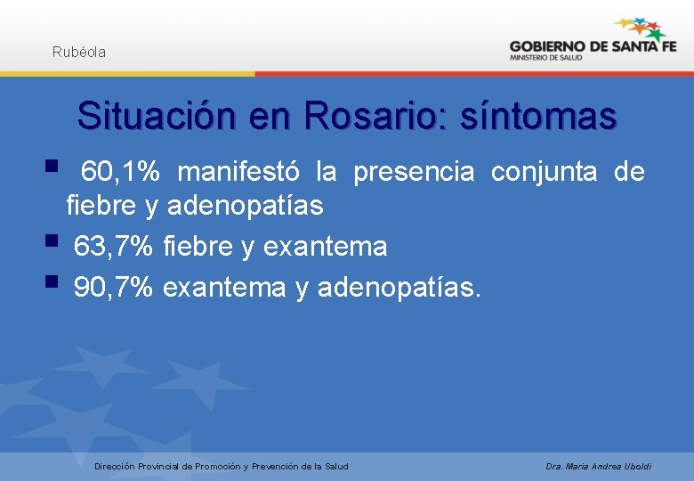 Rubéola Situación en Rosario: síntomas § 60, 1% manifestó la presencia conjunta de fiebre