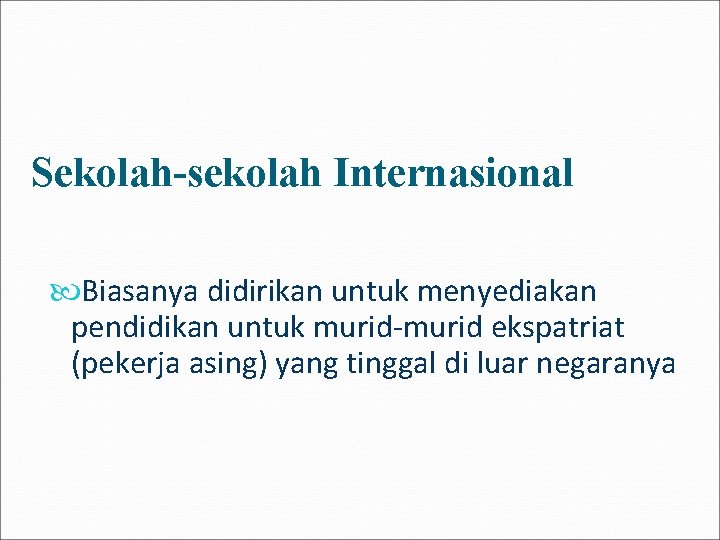 Sekolah-sekolah Internasional Biasanya didirikan untuk menyediakan pendidikan untuk murid-murid ekspatriat (pekerja asing) yang tinggal