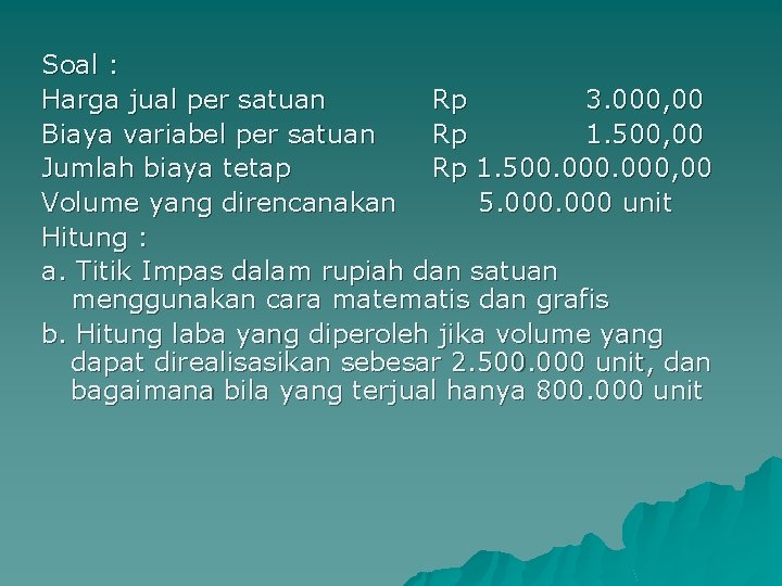 Soal : Harga jual per satuan Rp 3. 000, 00 Biaya variabel per satuan