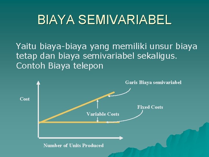 BIAYA SEMIVARIABEL Yaitu biaya-biaya yang memiliki unsur biaya tetap dan biaya semivariabel sekaligus. Contoh