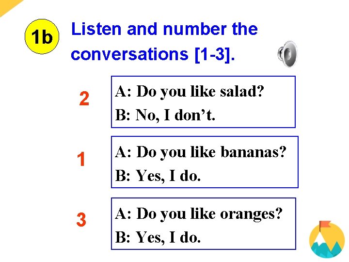 1 b Listen and number the conversations [1 -3]. 2 A: Do you like