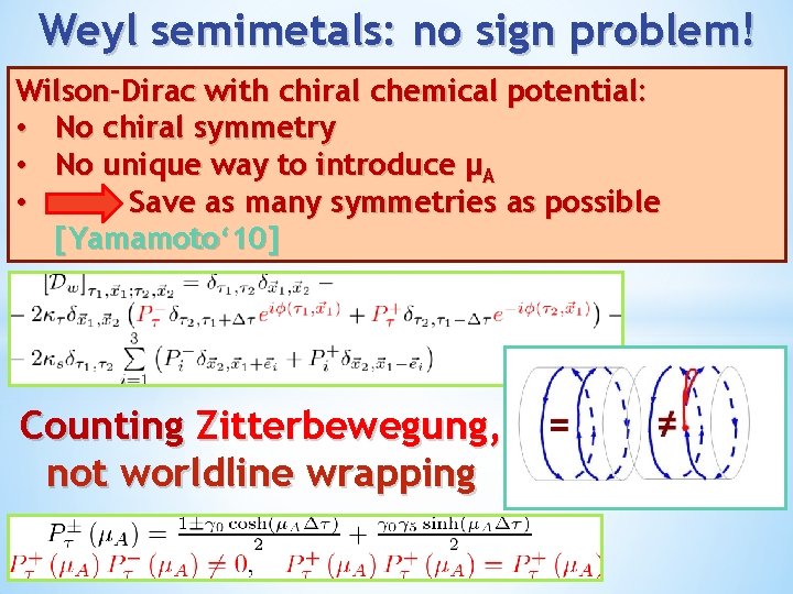 Weyl semimetals: no sign problem! Wilson-Dirac with chiral chemical potential: • No chiral symmetry