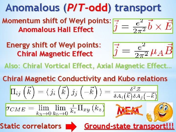 Anomalous (P/T-odd) transport Momentum shift of Weyl points: Anomalous Hall Effect Energy shift of