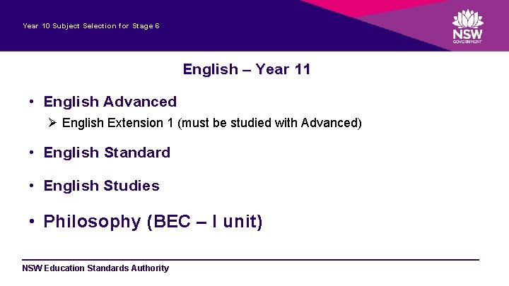 Year 10 Subject Selection for Stage 6 English – Year 11 • English Advanced