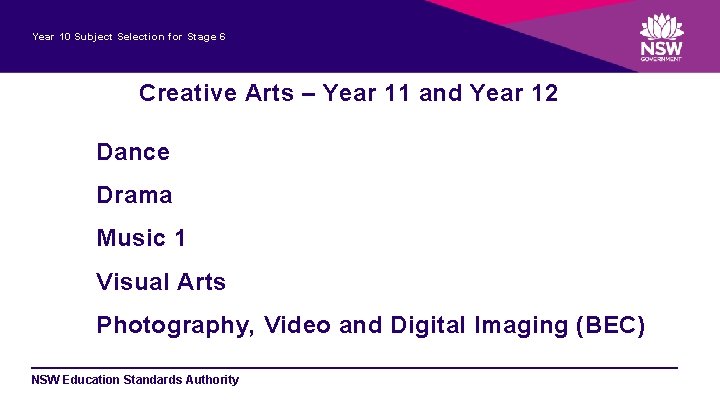 Year 10 Subject Selection for Stage 6 Creative Arts – Year 11 and Year