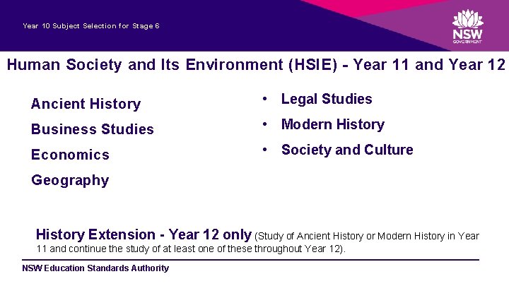 Year 10 Subject Selection for Stage 6 Human Society and Its Environment (HSIE) -