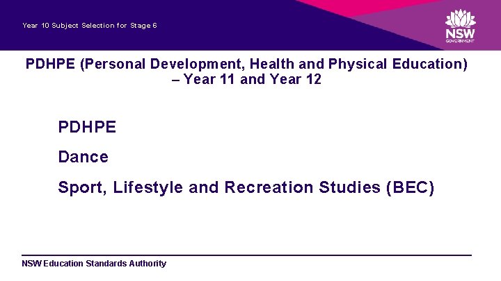 Year 10 Subject Selection for Stage 6 PDHPE (Personal Development, Health and Physical Education)