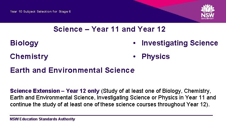 Year 10 Subject Selection for Stage 6 Science – Year 11 and Year 12