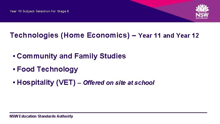 Year 10 Subject Selection for Stage 6 Technologies (Home Economics) – Year 11 and
