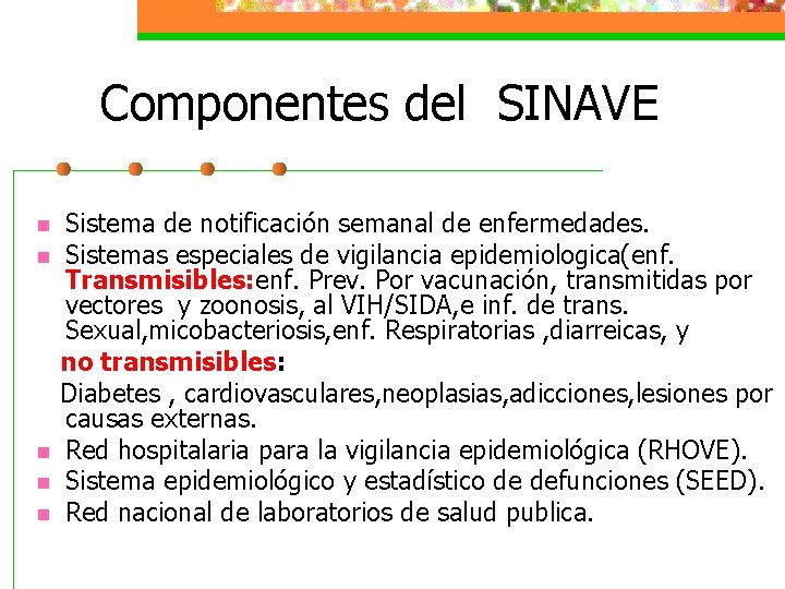 Componentes del SINAVE n n n Sistema de notificación semanal de enfermedades. Sistemas especiales