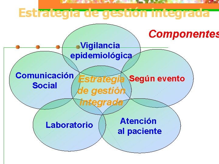 Estrategia de gestión integrada Componentes Vigilancia epidemiológica Comunicación Estrategia Según evento Social de gestión