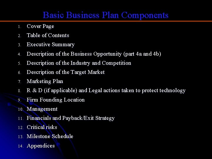 Basic Business Plan Components 1. Cover Page 2. Table of Contents 3. Executive Summary