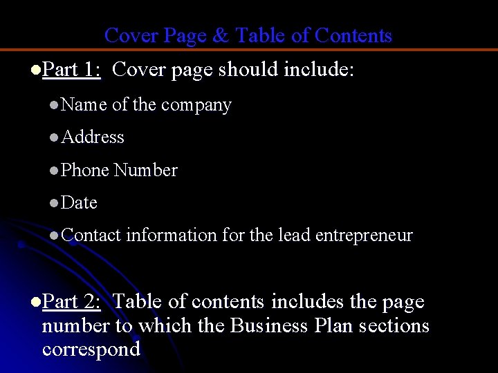 Cover Page & Table of Contents l. Part 1: Cover page should include: l