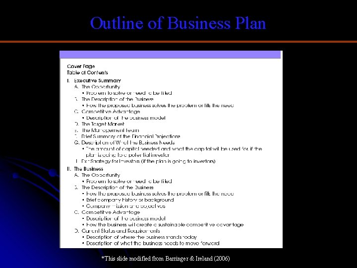 Outline of Business Plan *This slide modified from Barringer & Ireland (2006) 