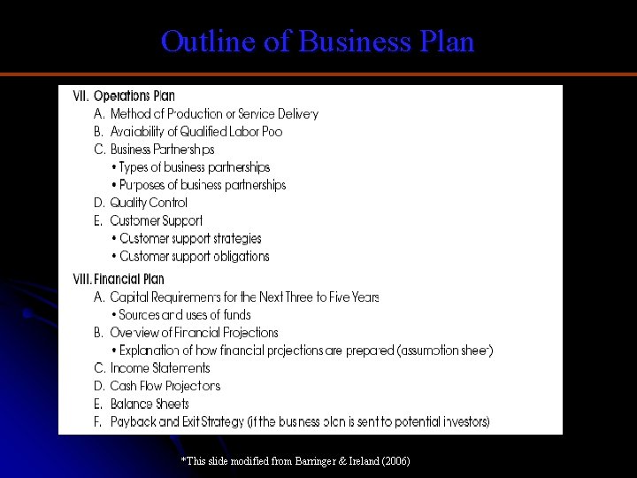 Outline of Business Plan *This slide modified from Barringer & Ireland (2006) 