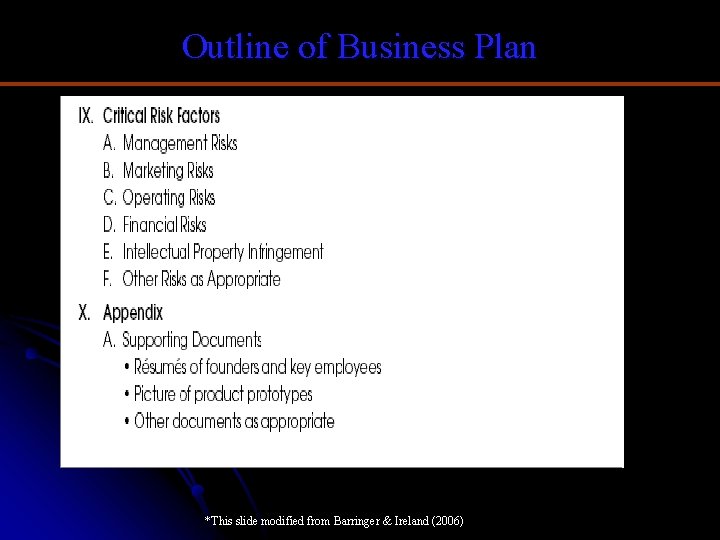 Outline of Business Plan *This slide modified from Barringer & Ireland (2006) 