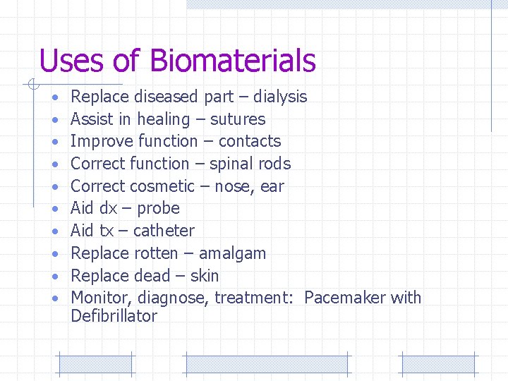 Uses of Biomaterials • • • Replace diseased part – dialysis Assist in healing