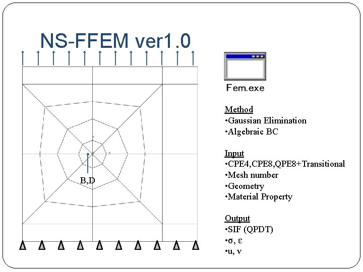 NS-FFEM ver 1. 0 Method • Gaussian Elimination • Algebraic BC B, D Input