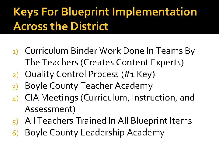 Keys For Blueprint Implementation Across the District 1) 2) 3) 4) 5) 6) Curriculum