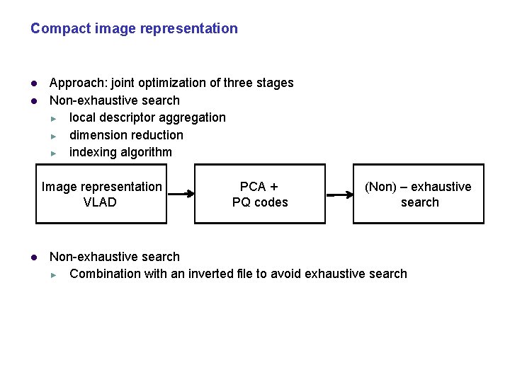 Compact image representation Approach: joint optimization of three stages Non-exhaustive search ► local descriptor