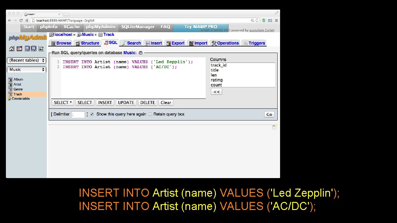 INSERT INTO Artist (name) VALUES ('Led Zepplin'); INSERT INTO Artist (name) VALUES ('AC/DC'); 