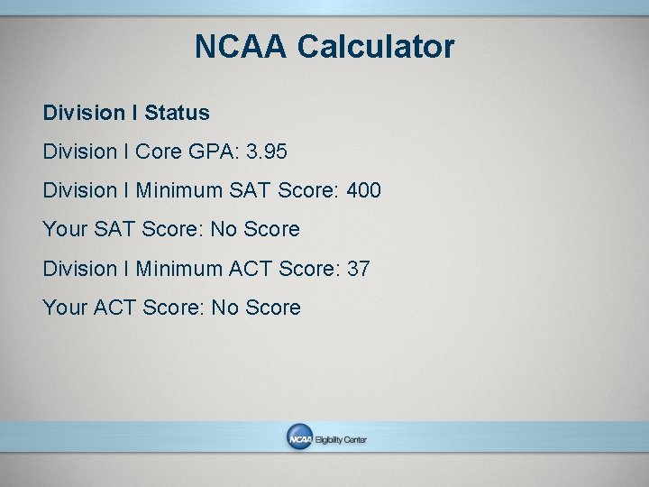 NCAA Calculator Division I Status Division I Core GPA: 3. 95 Division I Minimum