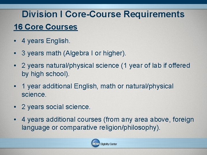 Division I Core-Course Requirements 16 Core Courses • 4 years English. • 3 years
