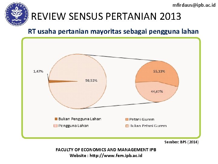 mfirdaus@ipb. ac. id REVIEW SENSUS PERTANIAN 2013 RT usaha pertanian mayoritas sebagai pengguna lahan