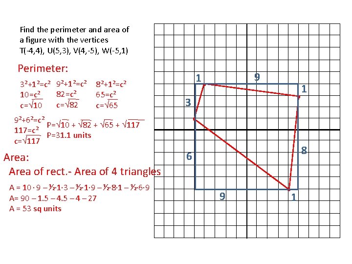 Find the perimeter and area of a figure with the vertices T(-4, 4), U(5,